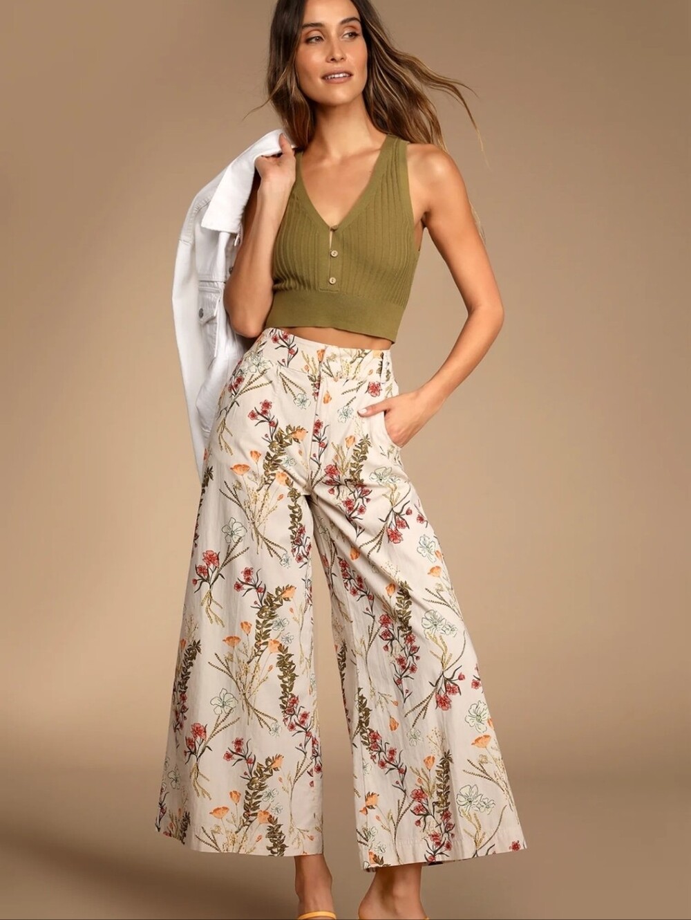 Free People Menorca Taupe Multi Floral Print Wide-Leg Cropped Pants